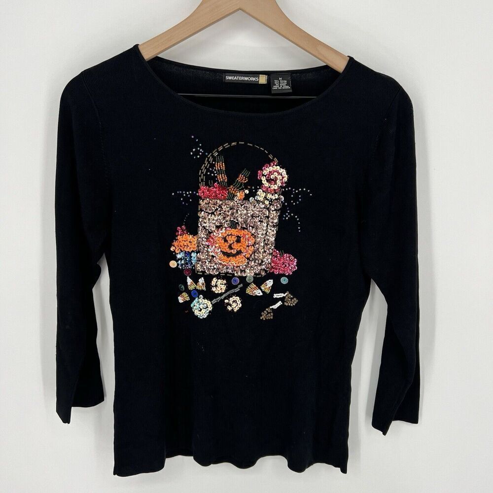 Sweaterworks Black Fall Autumn Pumpkin Sequin Shirt Size Medium